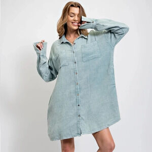 Easel Mineral Washed Relaxed Fit Blue Shirt Dress New